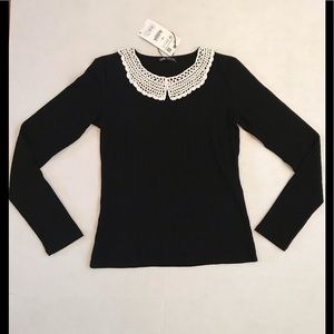 ZARA CROCHETED WHITE COLLAR RIBBED LONG SLEEVE TOP